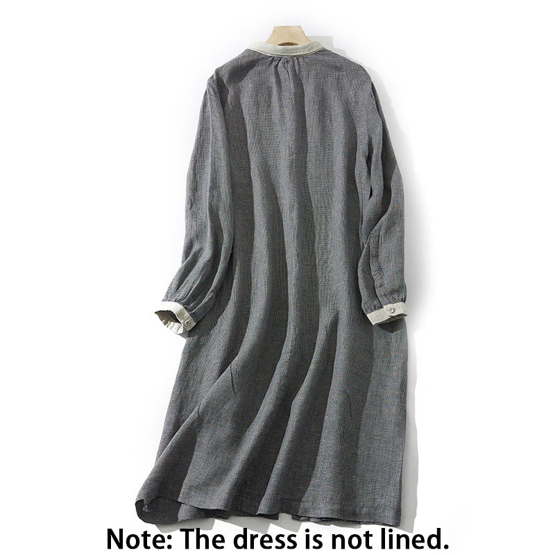 Buddha Stones Commute Retro DimGray Plaid Lantern Sleeve Cotton Linen Midi Dress With Pockets