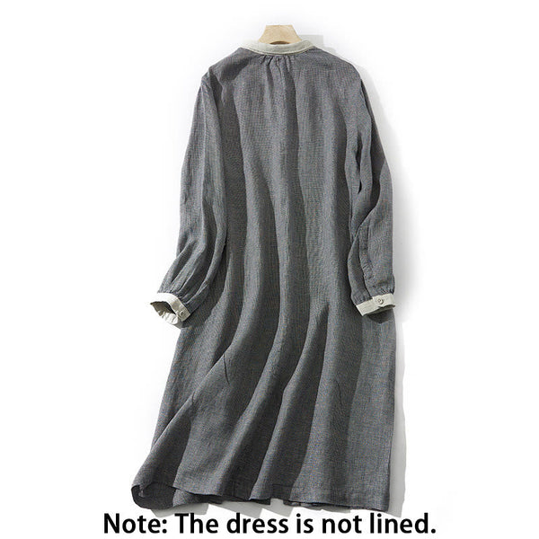 Buddha Stones Commute Retro DimGray Plaid Lantern Sleeve Cotton Linen Midi Dress With Pockets