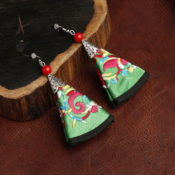 Buddha Stones Handmade Fan-shaped Yi Embroidery Harmony Earrings