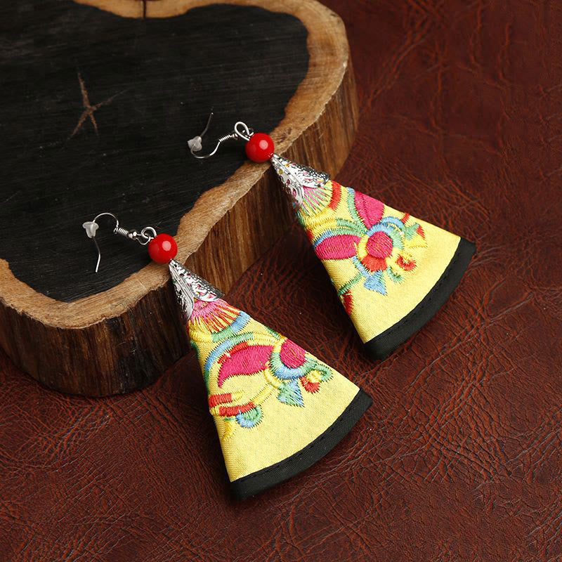 Buddha Stones Handmade Fan-shaped Yi Embroidery Harmony Earrings