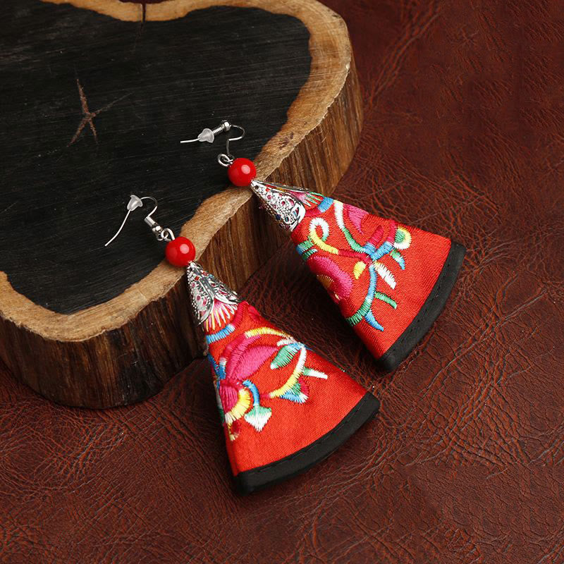 Buddha Stones Handmade Fan-shaped Yi Embroidery Harmony Earrings