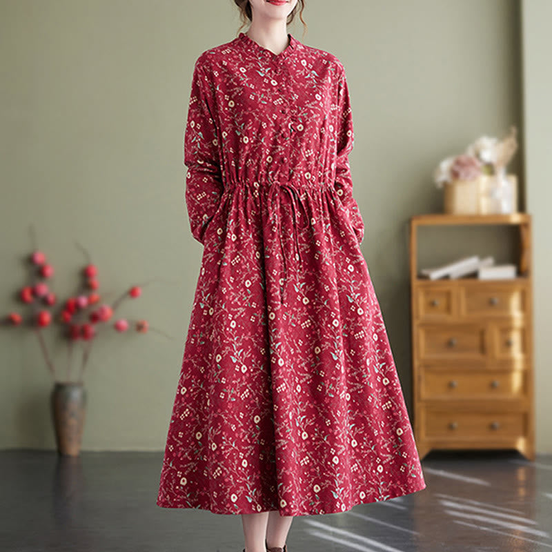Buddha Stones Ethnic Printing Drawstring Long Sleeve Cotton Linen Maxi Dress With Pockets
