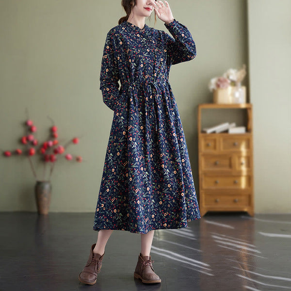 Buddha Stones Ethnic Printing Drawstring Long Sleeve Cotton Linen Maxi Dress With Pockets