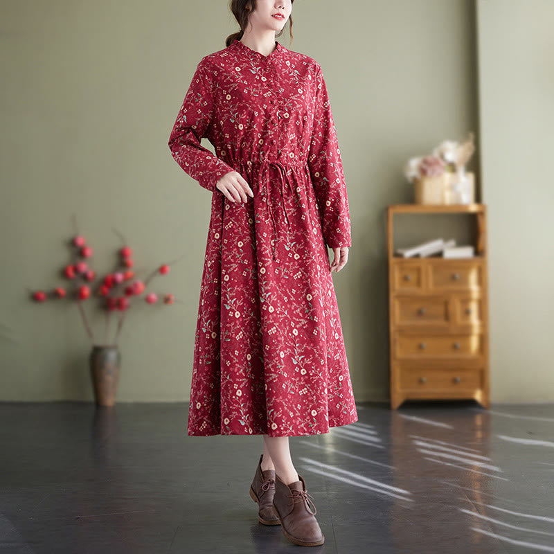Buddha Stones Ethnic Printing Drawstring Long Sleeve Cotton Linen Maxi Dress With Pockets