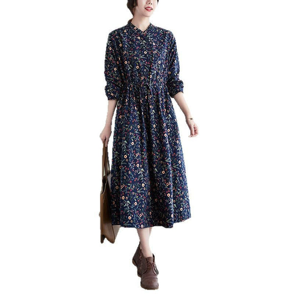 Buddha Stones Ethnic Printing Drawstring Long Sleeve Cotton Linen Maxi Dress With Pockets