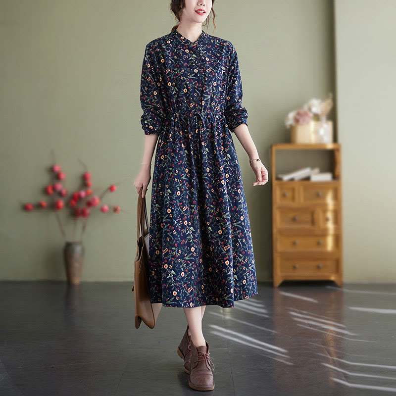Buddha Stones Ethnic Printing Drawstring Long Sleeve Cotton Linen Maxi Dress With Pockets