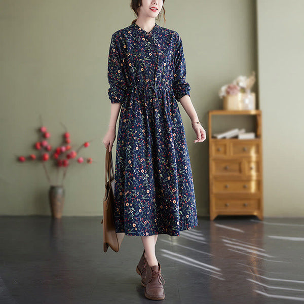 Buddha Stones Ethnic Printing Drawstring Long Sleeve Cotton Linen Maxi Dress With Pockets