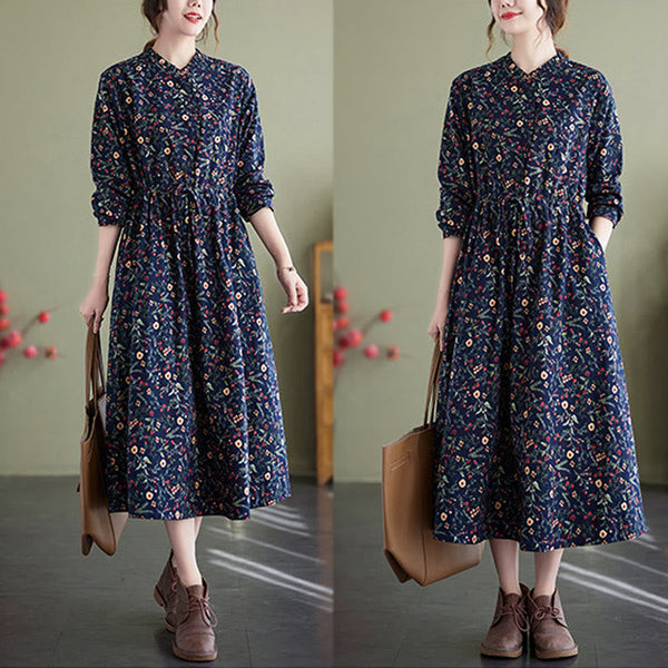 Buddha Stones Ethnic Printing Drawstring Long Sleeve Cotton Linen Maxi Dress With Pockets