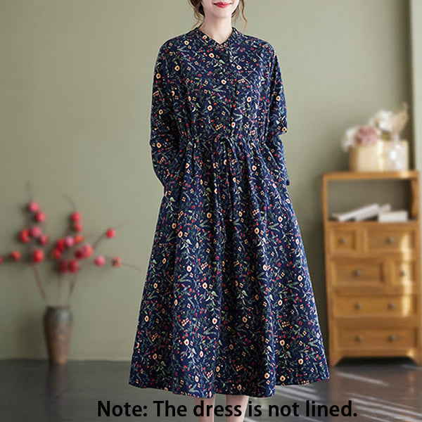 Buddha Stones Ethnic Printing Drawstring Long Sleeve Cotton Linen Maxi Dress With Pockets