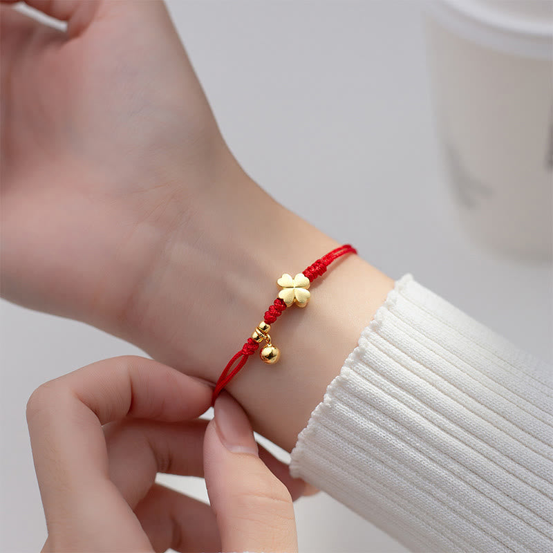 Buddha Stones 925 Sterling Silver Plated Gold Four Leaf Clover Red String Connection Bracelet
