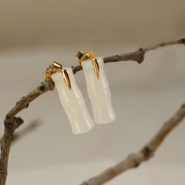 Buddha Stones Bamboo Hetian Jade 925 Sterling Silver Leaf Wealth Earrings