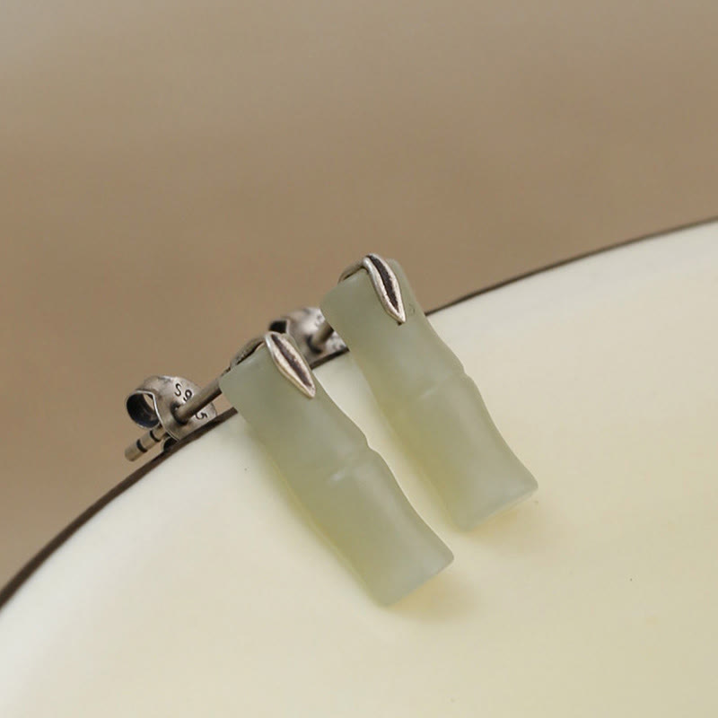 Buddha Stones Bamboo Hetian Jade 925 Sterling Silver Leaf Wealth Earrings
