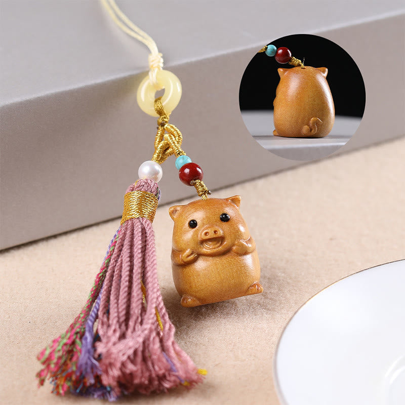 Buddha Stones Sandalwood 12 Chinese Zodiac Blessing Colorful Tassel Accessories Keychain