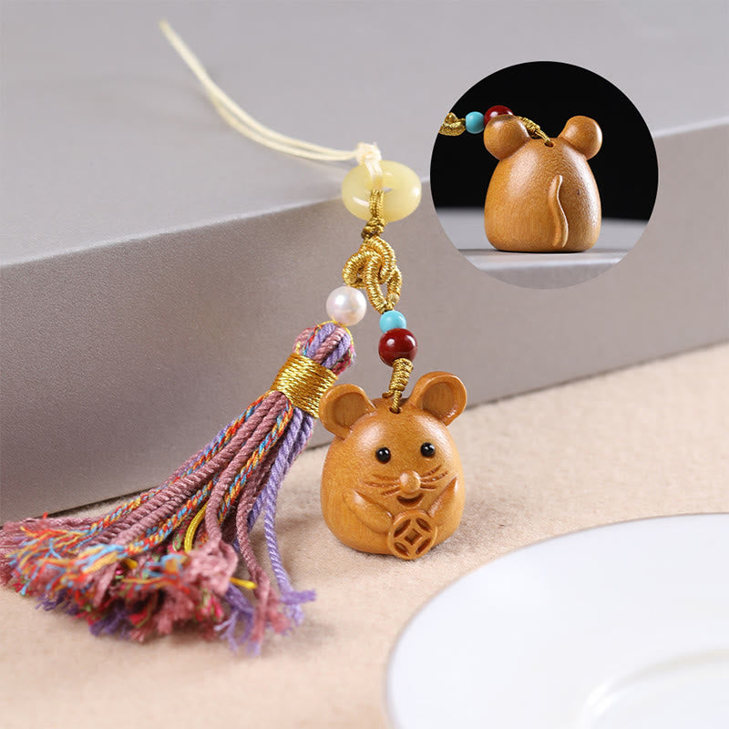 Buddha Stones Sandalwood 12 Chinese Zodiac Blessing Colorful Tassel Accessories Keychain