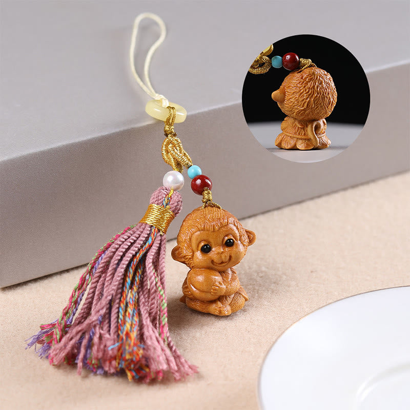 Buddha Stones Sandalwood 12 Chinese Zodiac Blessing Colorful Tassel Accessories Keychain