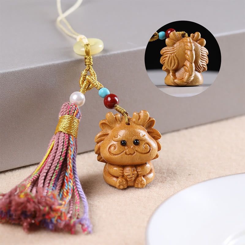 Buddha Stones Sandalwood 12 Chinese Zodiac Blessing Colorful Tassel Accessories Keychain