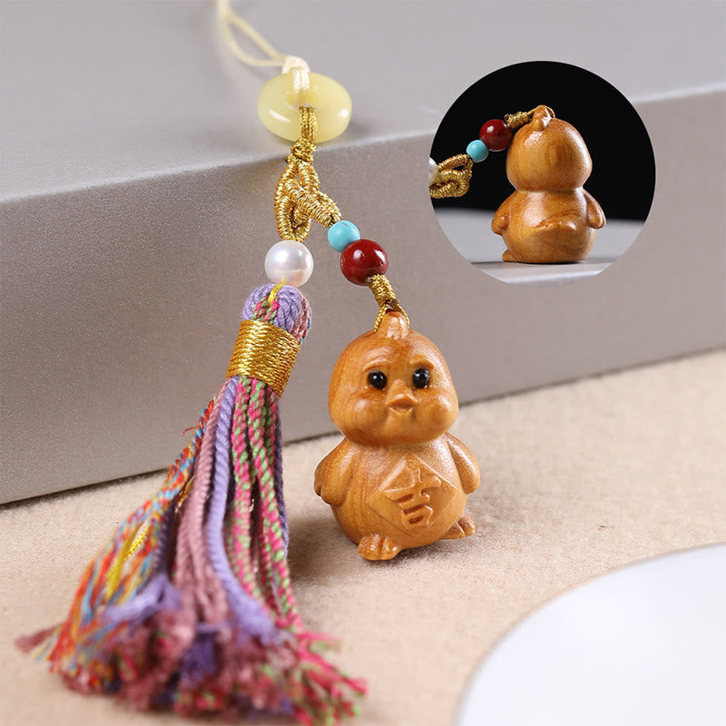 Buddha Stones Sandalwood 12 Chinese Zodiac Blessing Colorful Tassel Accessories Keychain