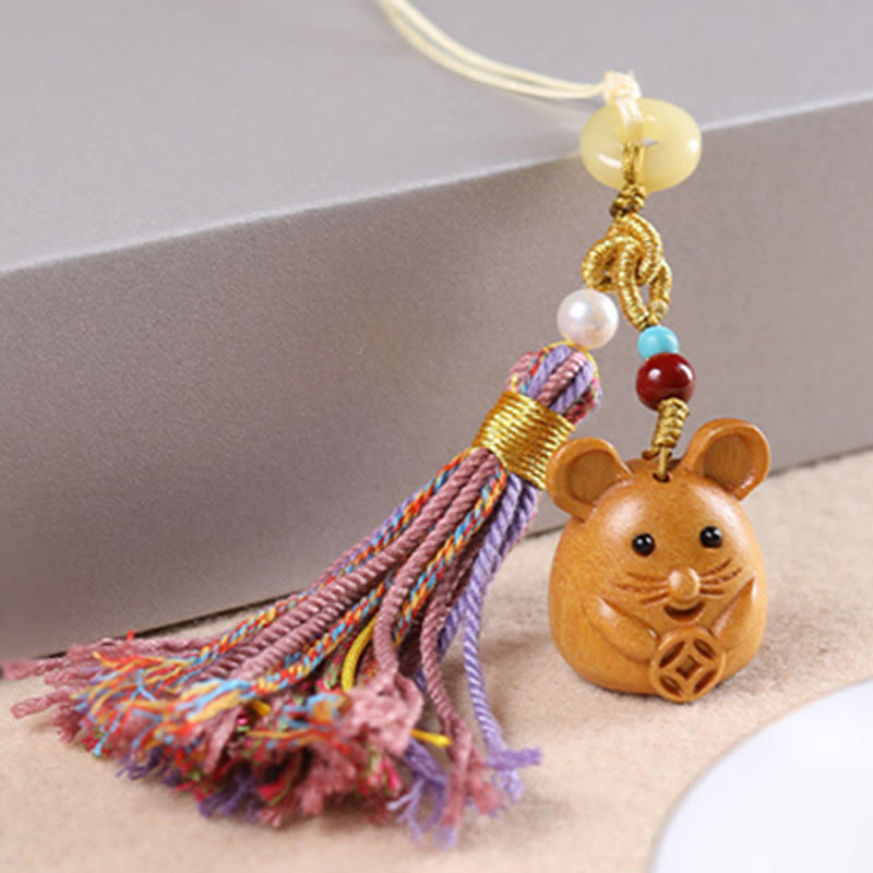 Buddha Stones Sandalwood 12 Chinese Zodiac Blessing Colorful Tassel Accessories Keychain