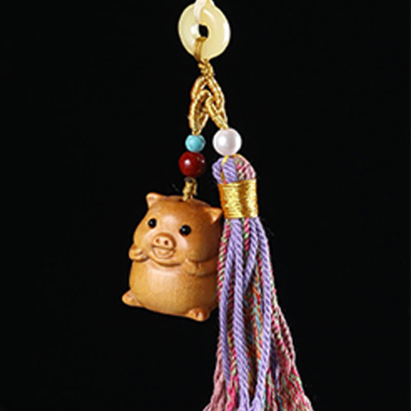 Buddha Stones Sandalwood 12 Chinese Zodiac Blessing Colorful Tassel Accessories Keychain