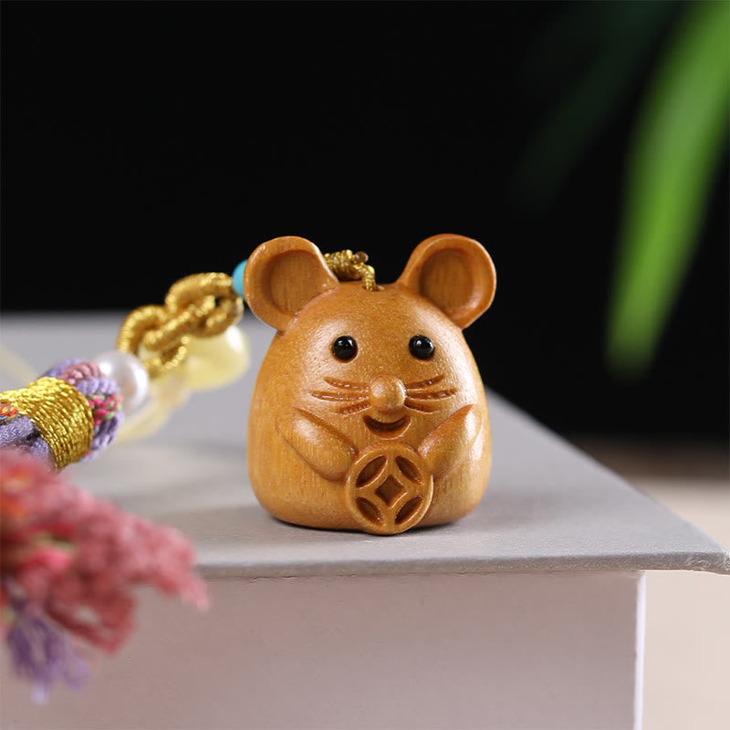 Buddha Stones Sandalwood 12 Chinese Zodiac Blessing Colorful Tassel Accessories Keychain