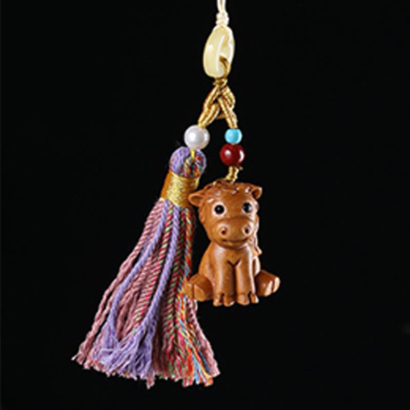 Buddha Stones Sandalwood 12 Chinese Zodiac Blessing Colorful Tassel Accessories Keychain