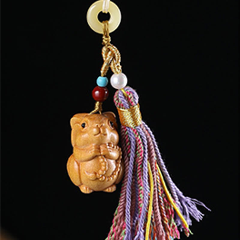 Buddha Stones Sandalwood 12 Chinese Zodiac Blessing Colorful Tassel Accessories Keychain