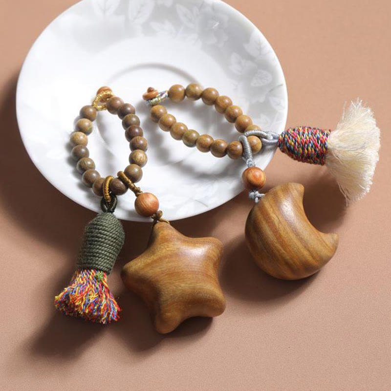 Buddha Stones Natural Green Sandalwood Colored Rope Tassels Star Moon Abundance Key Chain