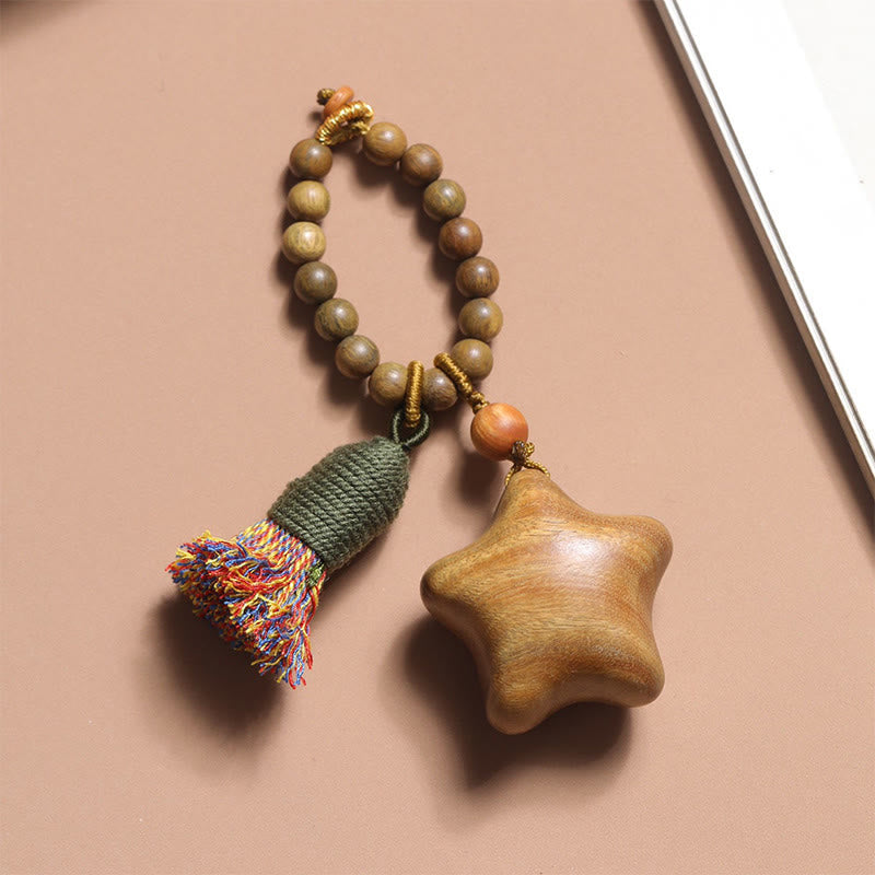 Buddha Stones Natural Green Sandalwood Colored Rope Tassels Star Moon Abundance Key Chain