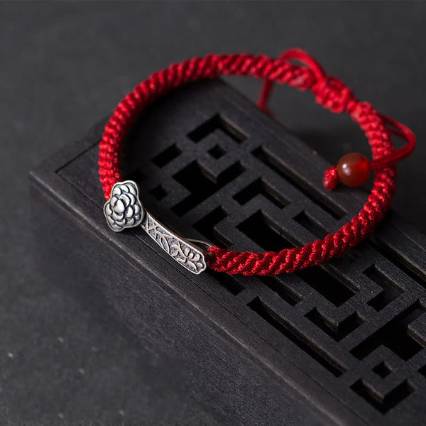 Buddha Stones Retro 925 Sterling Silver Ruyi As One Wishes Red String Braided Luck Bracelet