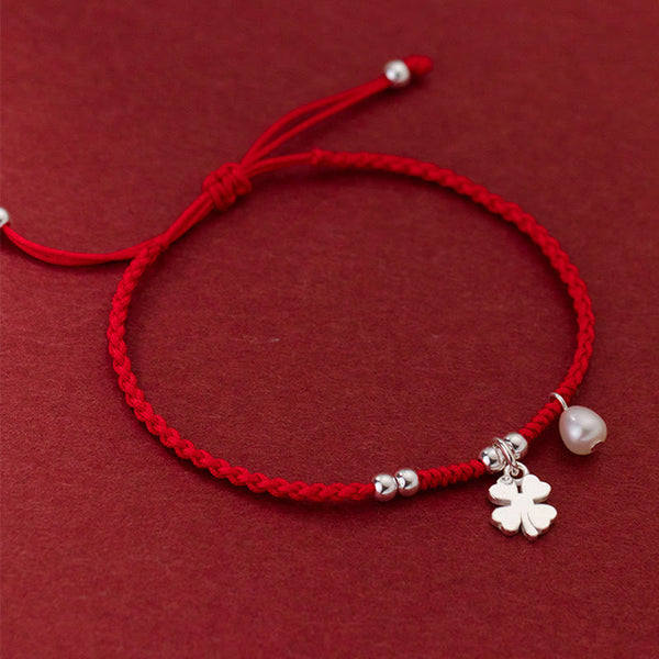 Buddha Stones Retro 925 Sterling Silver Four Leaf Clover Pearl Luck Red String Bracelet