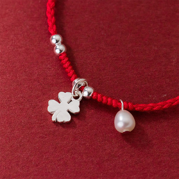 Buddha Stones Retro 925 Sterling Silver Four Leaf Clover Pearl Luck Red String Bracelet