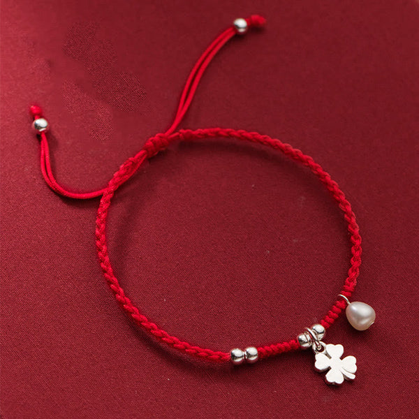 Buddha Stones Retro 925 Sterling Silver Four Leaf Clover Pearl Luck Red String Bracelet