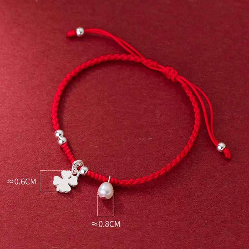 Buddha Stones Retro 925 Sterling Silver Four Leaf Clover Pearl Luck Red String Bracelet