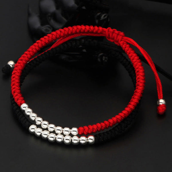 Buddha Stones Retro 925 Sterling Silver Simple Beads Knot Design Luck String Bracelet
