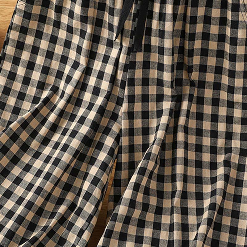 Buddha Stones Casual Cotton Stitching Grid Women's 7-8 Length Wide Leg Pants With Pockets