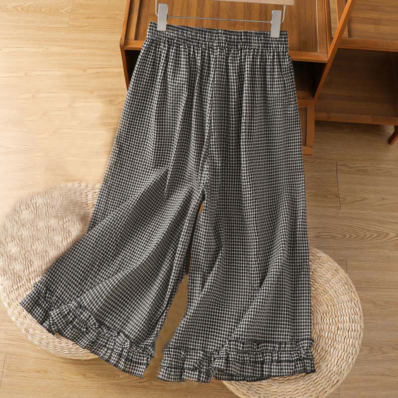 Buddha Stones Casual Cotton Stitching Grid Women's 7-8 Length Wide Leg Pants With Pockets