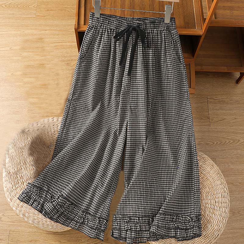 Buddha Stones Casual Cotton Stitching Grid Women's 7-8 Length Wide Leg Pants With Pockets