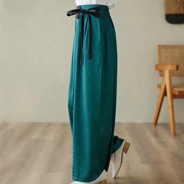 Buddha Stones Casual Jacquard Lace-up Cotton Women's Wide Leg Pants With Pockets