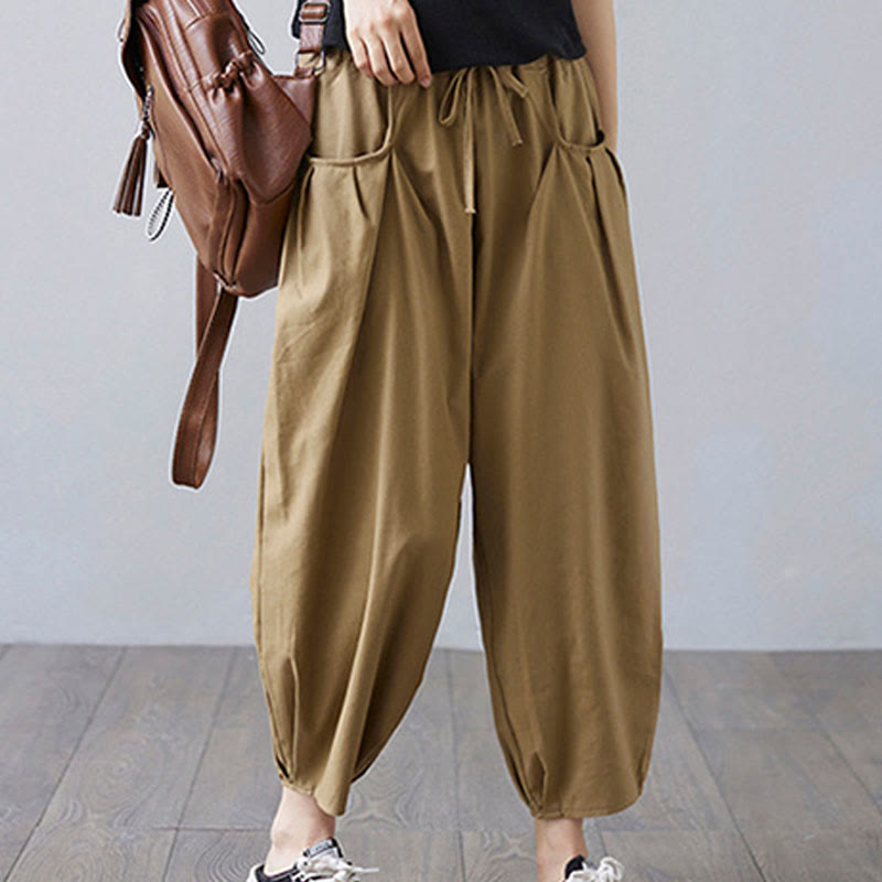 Buddha Stones Summer Plain Cropped Pants Women's Cotton Linen Harem Pants With Pockets