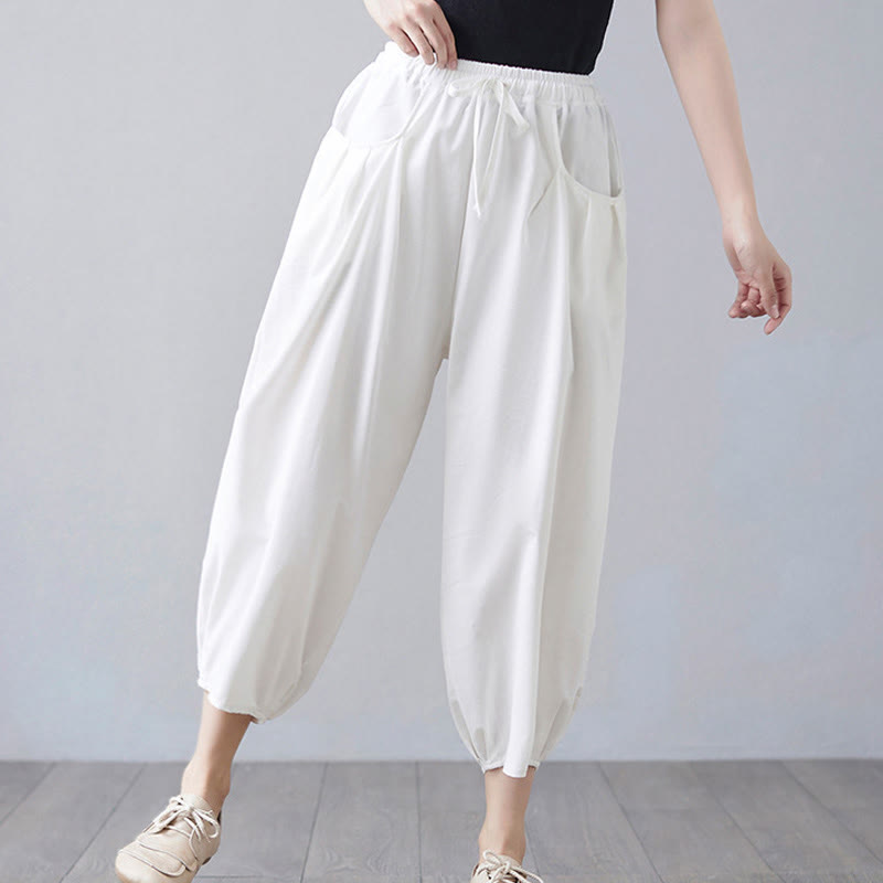 Buddha Stones Summer Plain Cropped Pants Women's Cotton Linen Harem Pants With Pockets
