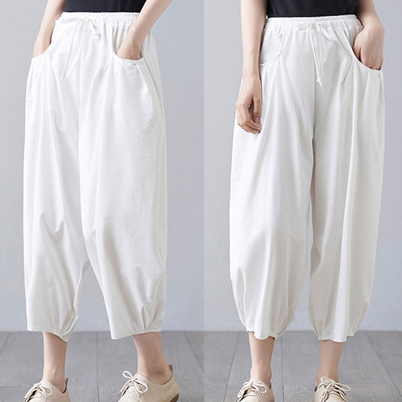 Buddha Stones Summer Plain Cropped Pants Women's Cotton Linen Harem Pants With Pockets