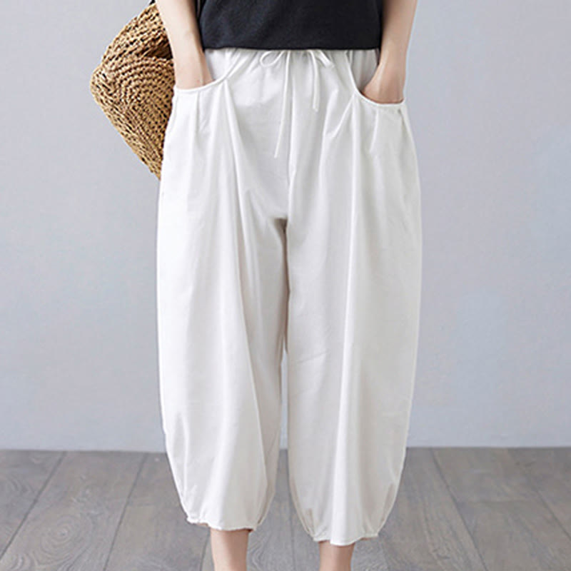 Buddha Stones Summer Plain Cropped Pants Women's Cotton Linen Harem Pants With Pockets