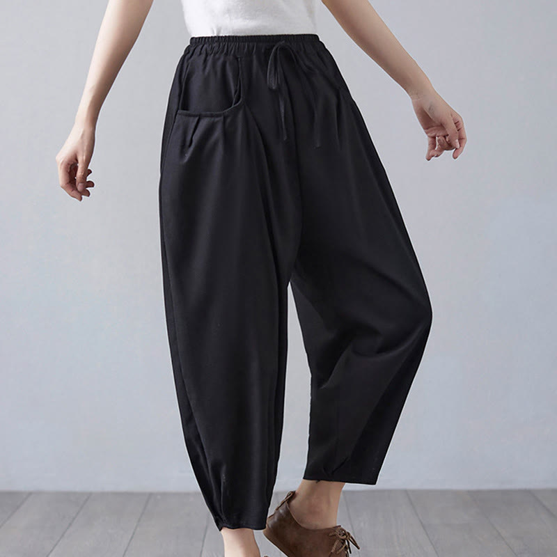 Buddha Stones Summer Plain Cropped Pants Women's Cotton Linen Harem Pants With Pockets
