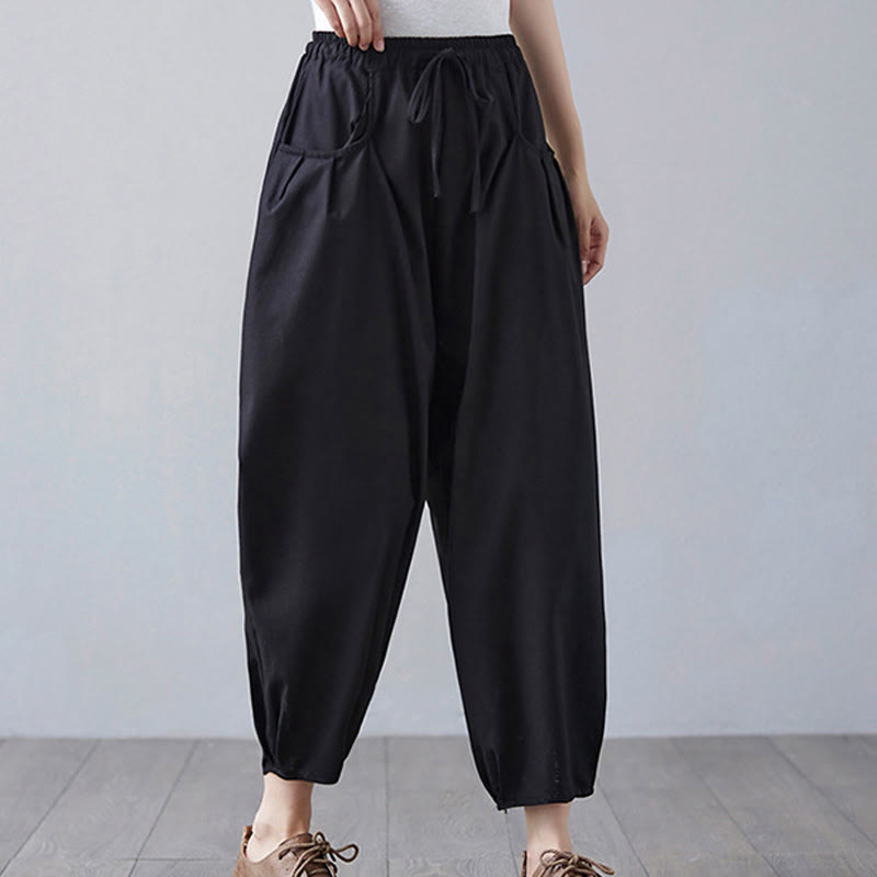 Buddha Stones Summer Plain Cropped Pants Women's Cotton Linen Harem Pants With Pockets