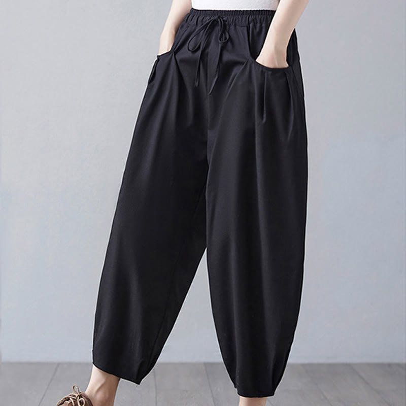 Buddha Stones Summer Plain Cropped Pants Women's Cotton Linen Harem Pants With Pockets