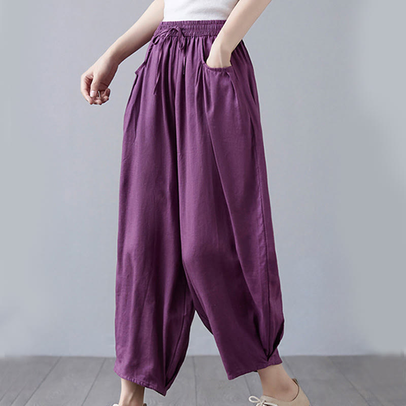 Buddha Stones Summer Plain Cropped Pants Women's Cotton Linen Harem Pants With Pockets