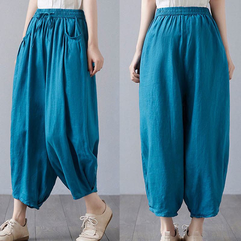 Buddha Stones Summer Plain Cropped Pants Women's Cotton Linen Harem Pants With Pockets