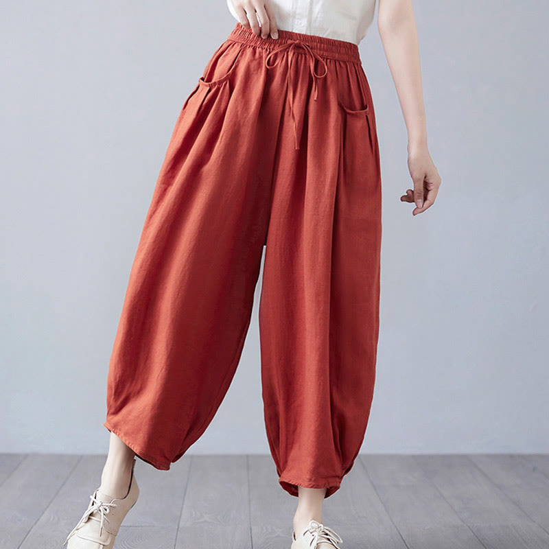 Buddha Stones Summer Plain Cropped Pants Women's Cotton Linen Harem Pants With Pockets