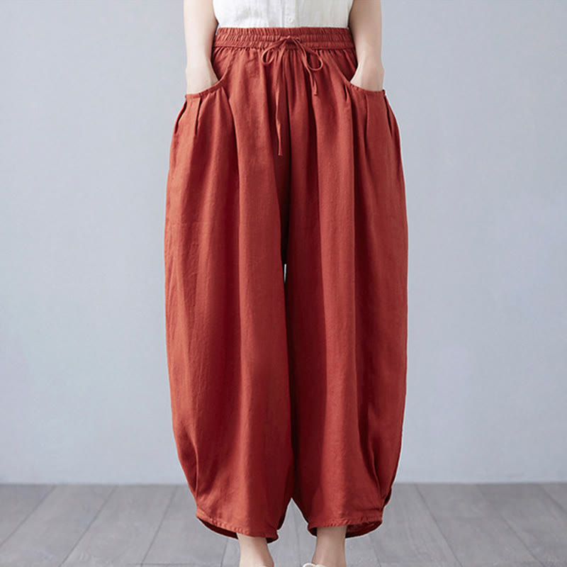 Buddha Stones Summer Plain Cropped Pants Women's Cotton Linen Harem Pants With Pockets