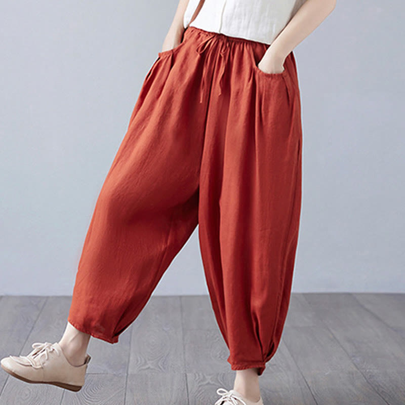Buddha Stones Summer Plain Cropped Pants Women's Cotton Linen Harem Pants With Pockets